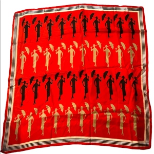 Vintage 1960s ECHO Lady with umbrella fancy print scarf Silk mix red black