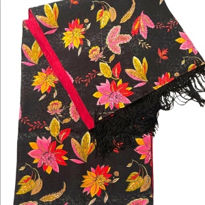 Vintage Hand made Black with colorful flowers textured fringe scarf