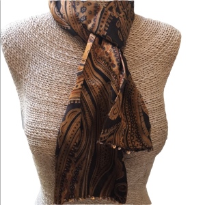 Danier Silk Brown gold Paisley Scarf sequin