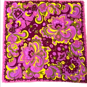 Vintage 1980s linen Floral psychedelic groovy yellow pink scarf