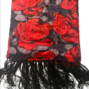 Vintage Red roses silk scarf wrap fringe silver black