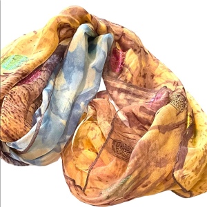 Beautiful sheer metalic finish brown blue flower abstract scarf wrap