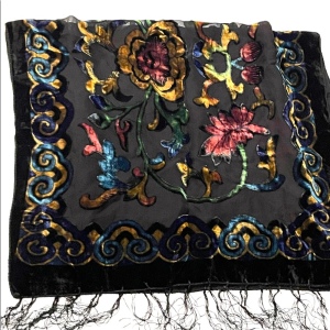 Velvety sheer black BOHO floral black flower fringe scarf wrap