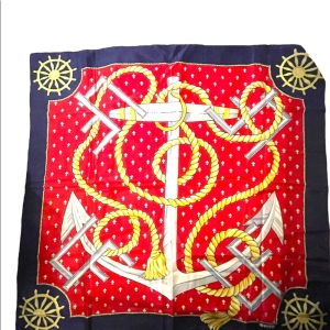 Vintage 1980s Leslie Fay Nautical rope ships anchor wheel SILK Scarf