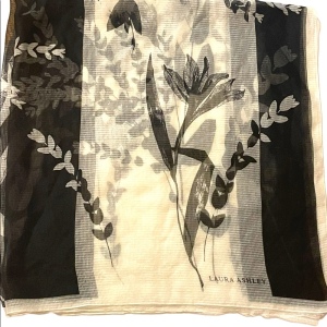 Laura Ashley Italy Made Sheer black cream floral flower Poly scarf