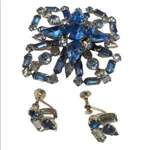 Vintage Large Blue fancy crystal brooch & earrings set “Carousel” screw back