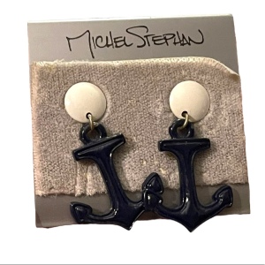 Michel Stephan Retired Nautical ships anchor blue white dangle earrings metal