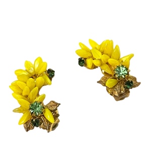 Vintage 1950s DeMario NY Yellow glass crystal forsynthia flower clip earrings