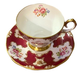 Queen Anne Cup & Saucer “Lady Eleanor" Burgundy Rose Floral; Vintage Tea cup