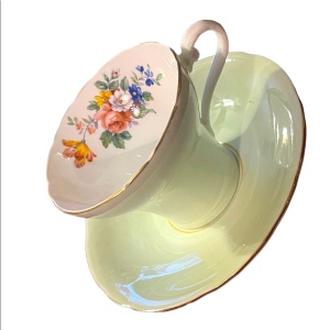 Vintage Aynsley Corset Waist Tea Cup Saucer pastel Green White Floral Detail