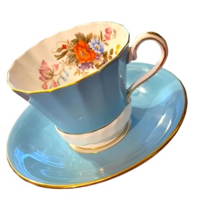 Vintage Aynsley English Bone China Tea cup saucer pastel blue floral print flowe