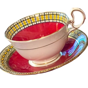 Vintage Aynsley Burgundy wheat & plaid print gold finish tea cup saucer china