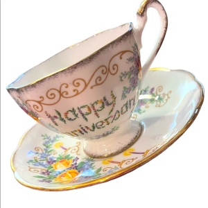 Vintage Queen Anne tea cup and saucer Happy Anniversary gift Bone china floral