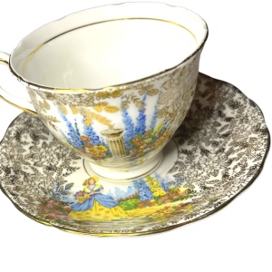 COLCLOUGH TEACUP & SAUCER BONE CHINA TEA SET DUO CRINOLINE LADY AND GOLD CHINTZ