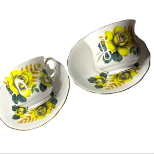 Vintage Queen Anne Yellow roses 2 Sets Tea cup & saucers England Bone China