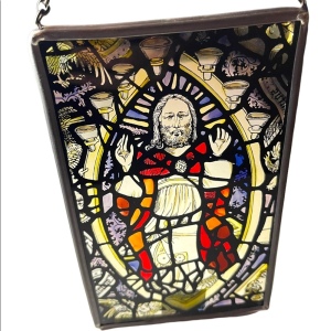 Vintage Artisan Handmade Stained glass religious Jesus window hanging Christ