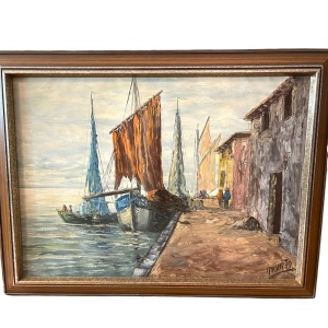 Vintage Nautical Oil Painting on Canvas Signed ROBERTO Sail boats Mid Century