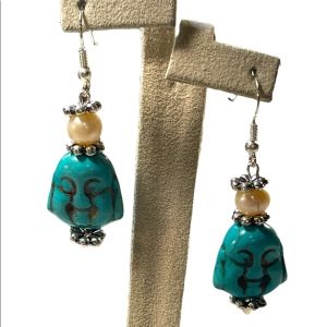 Artisan New Dyed Howlite & Fresh water pearl Buddah dangle chunky earrings