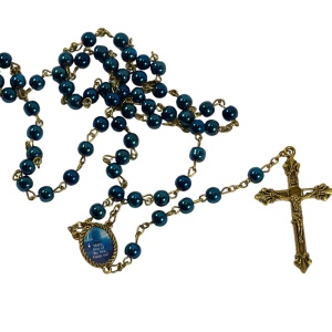 Vintage Faux blue pearl gold finish Crucifix Jesus religious rosary Catholic