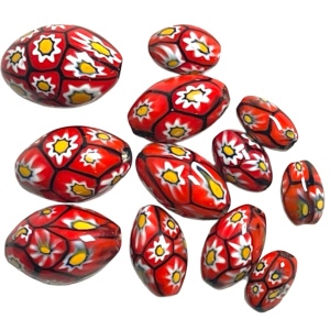 Antique Handmade VENETIAN Murano MILLEFIORI Glass Beads LOT red flowers