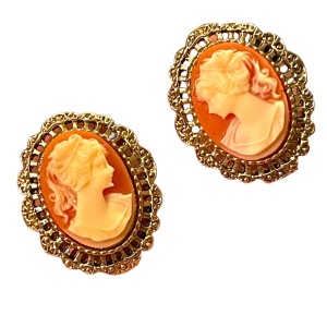 Lovely High shine gold finish cameo fancy ornate earrings resin