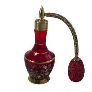 Vintage 1940s-1960s MIKADO Ruby red glass 24k gold plt perfume atomizer