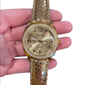 Joan Rivers Fancy chunky large statement watch with gold leather band rh…