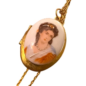 Vintage Ceramic Transferware Hand Finished Cameo Gold finish locket necklace