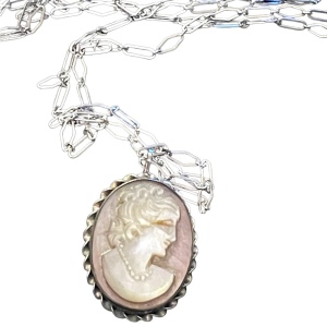 Vintage Sterling Abalone Shell cameo Brooch pendant necklace with SS chain