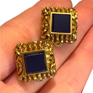 Vintage BLUE glass square fancy ornate TRIFARI clip on earrings