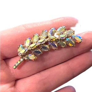 Vintage 1960s AB crystal Leaf brooch gold finish