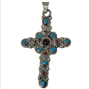 Vintage Sterling silver 925 Coral turquois amethyst cross pendant Southwestern