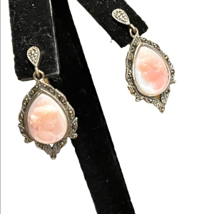 - Vintage Sterling silver 925 Stunning marcasite real coral shell cameo earrings