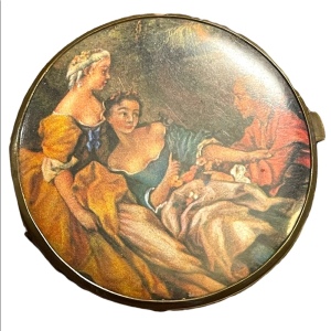 Vintage Victorian scene gold finish metal mirrored compact