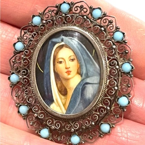 Antique 800 Silver turquois Handpainted Madonna Virgin Mary pendant brooch