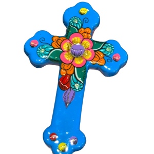 Mexico Mexican Terra Cotta Hand painted glazed Wall cross Religious Christian