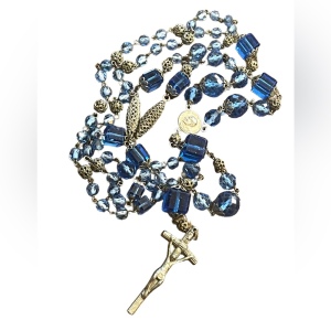 Antique Italian Catholic Rosary Silver finish delicate filagree & Blue glass