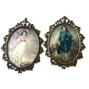 Vintage Ornate Metal framed Pinky & Blue Boy Italian Convex glass frame prints