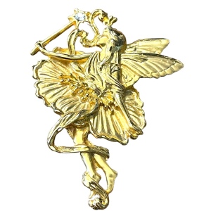 Lovely Unsigned High gold finish large fairy brooch with rhinestone