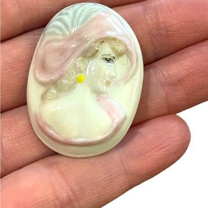 Vintage Handmade Ceramic cameo lady brooch