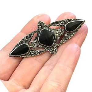 Vintage black enamel bar brooch Victorian Repro Marcasite