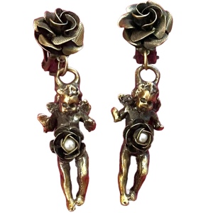 Vintage 1960s Solid metal pearl Rose flower Angel dangle earrings antiqued