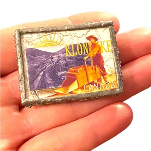 1996 Klondike Gold Claims 45c Stamp handmade glass metal work brooch