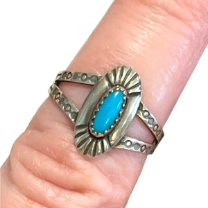 Vintage 1940s Handmade sterling silver 925 Navajo symbols turquoise ring South