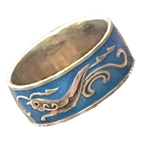 Vintage Thai Blue enameled silver cricket handmade ring Siam cigar band