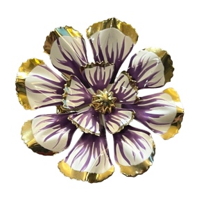 Vintage 1970s Purple & White fancy gold finish metal flower brooch