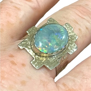 Hand crafted silver 900 Hammered metal OPAL brutalist ring one of a kind