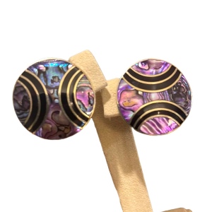 Vintage Purple Abalone inlay Alpaca round earrings pierced mexico black onyx