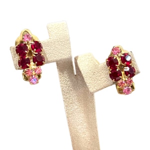 Vintage gold finish Pink & Red rhinestone crystal clip on earrings