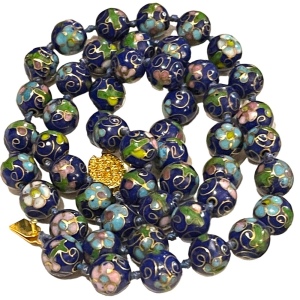 Vintage stunning blue cloissone pink flower metal bead necklace